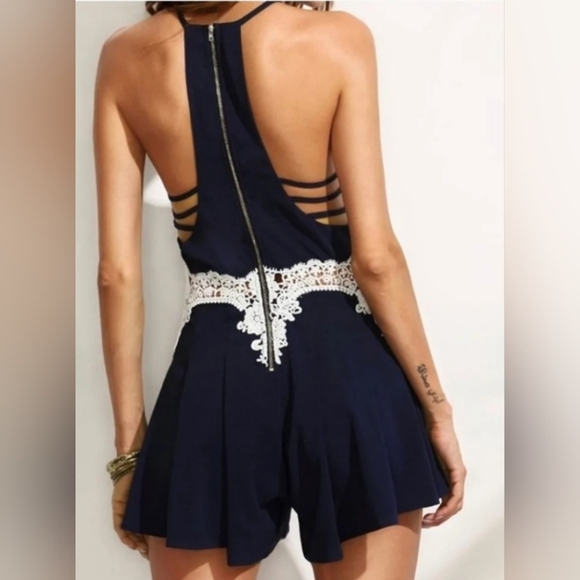 Navy Romper with white lace detail - Picture 2 of 3